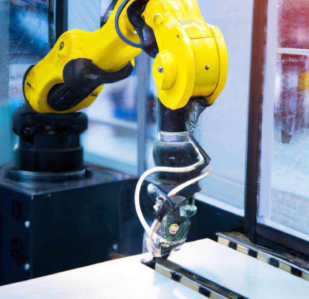 Robotic arm holding a piece of metal in a manufacturing facility