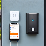 Smart Home Security System with a camera, a smart lock, and a smartphone displaying the security app interface