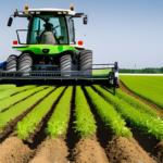 An agricultural robot in a green field, transforming farming with its robotic arms and sensors, while a farmer controls it using a tablet or computer - showcasing the impact of robotics in agriculture.