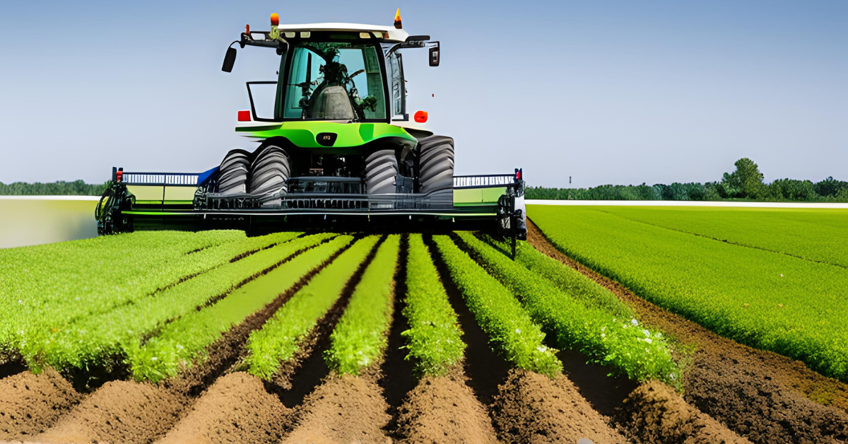 An agricultural robot in a green field, transforming farming with its robotic arms and sensors, while a farmer controls it using a tablet or computer - showcasing the impact of robotics in agriculture.