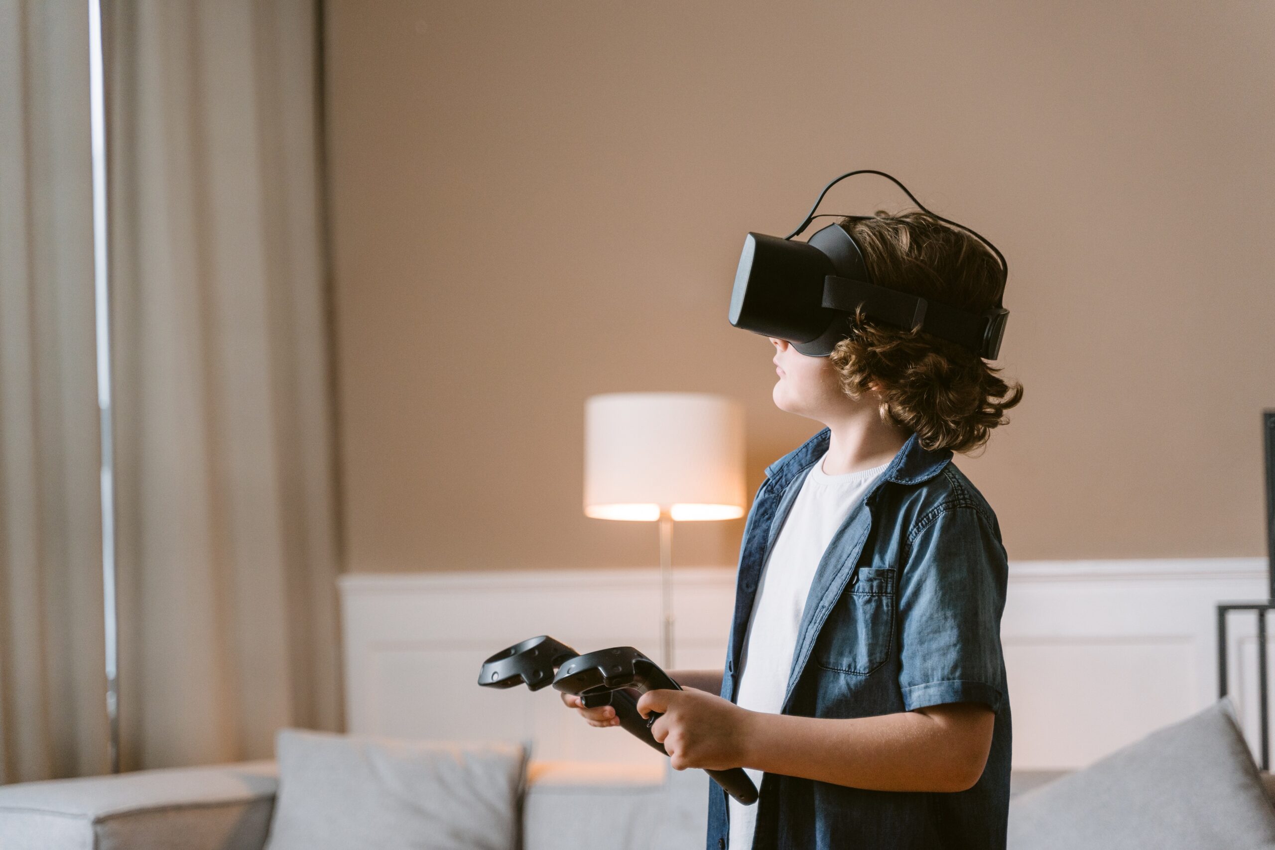 "An image of a person wearing virtual reality headset and holding gaming controllers, with a futuristic cityscape in the background."